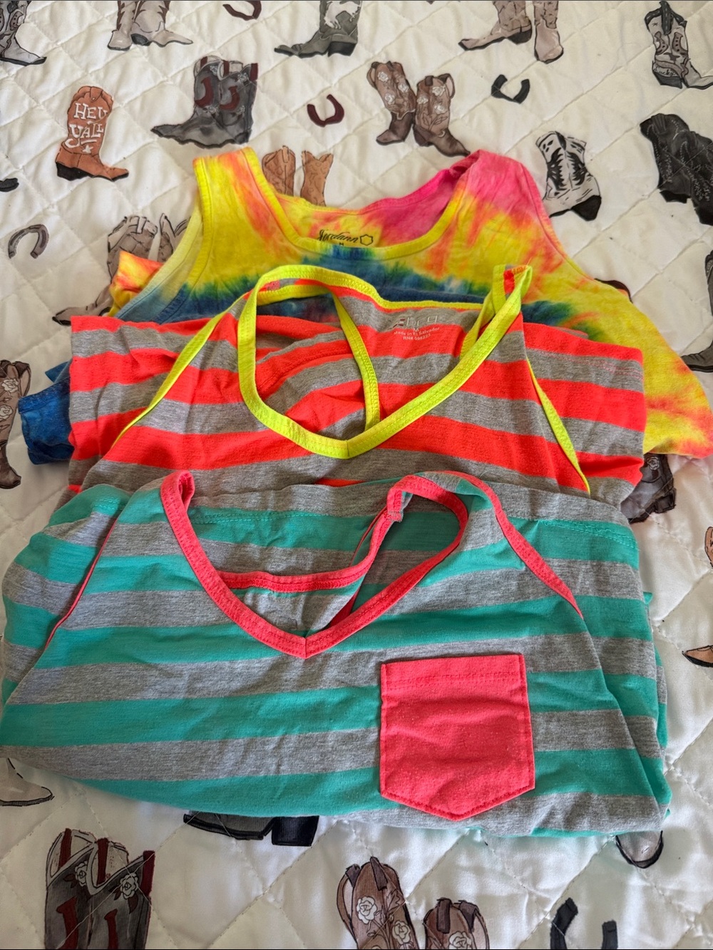 Women’s  Bright Mixed-Stripe Tank Tops - Neon Tie-Dye & Coral/Teal Stripes
